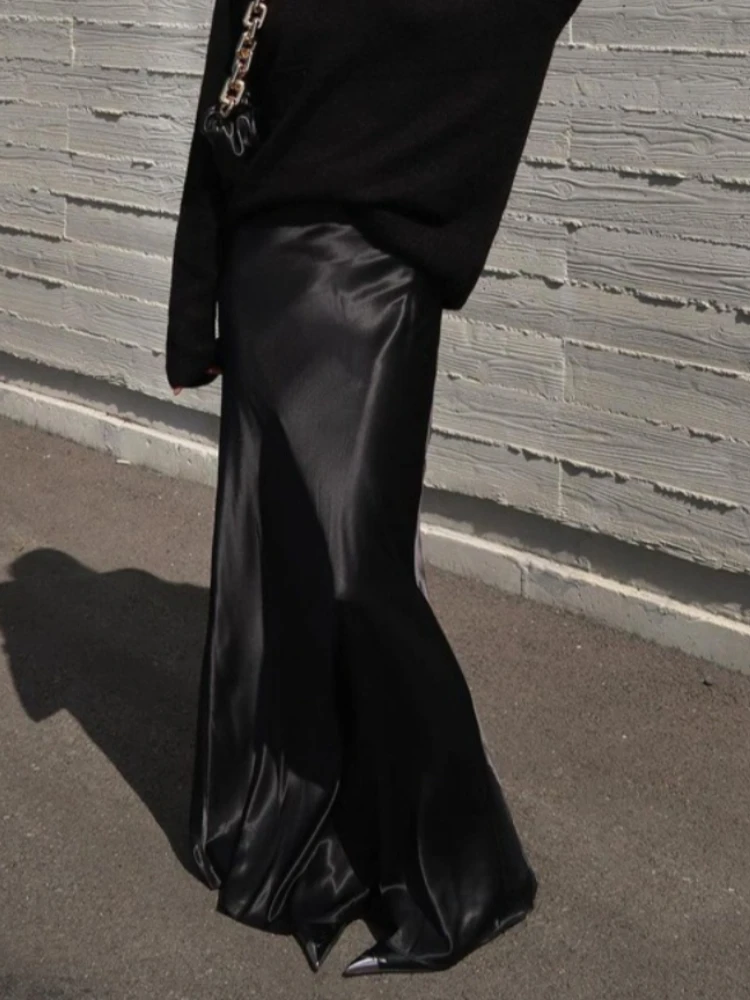 Tossy Black Satin Elegant Long Skirt For Women Solid High Waist Patchwork Slim Commute Straight Bodycon Skirt Women's Maxi Skirt