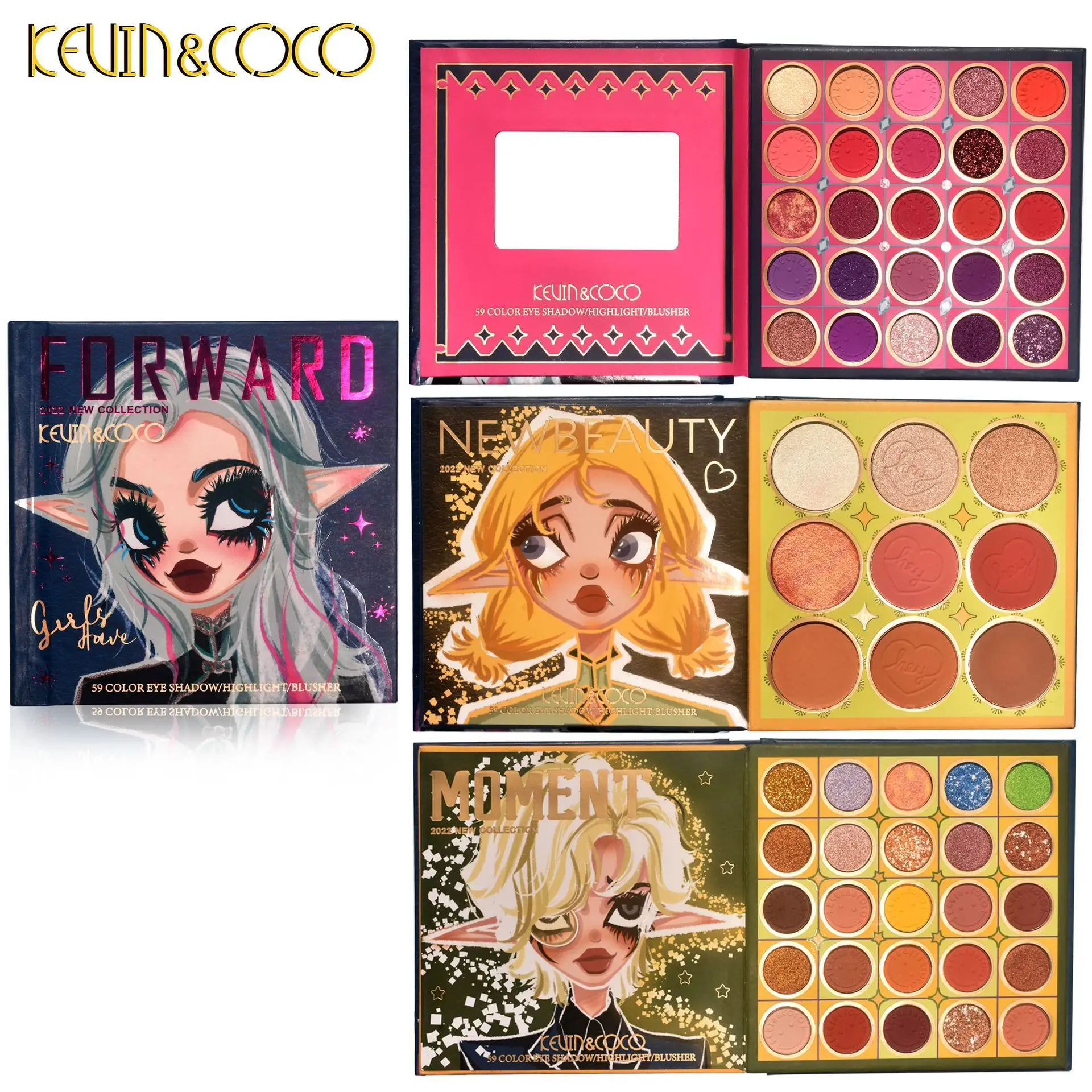 

Exclusive KEVIN&COCO 59 Colors Eyeshadow Three-layer Folding Flipbook Elf Hot Girl Blush-highlighter All-In-One Plate Cosmetics