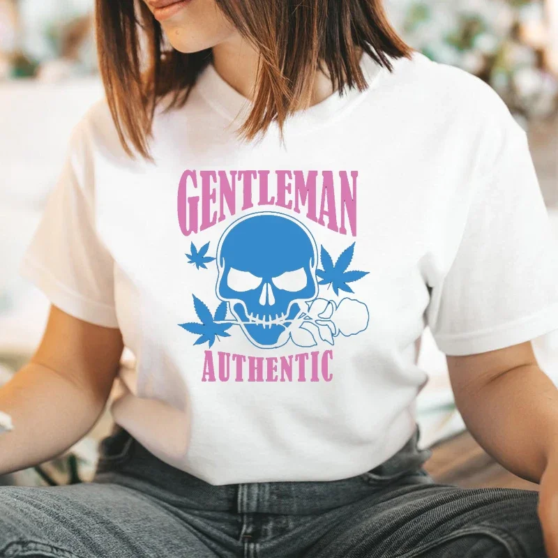 Y2k Aesthetic Summer Loose T-shirt Gentleman Authentic Skull Skeleton Funny Graphic Cotton Streetwear Goth Clothes Female Tops