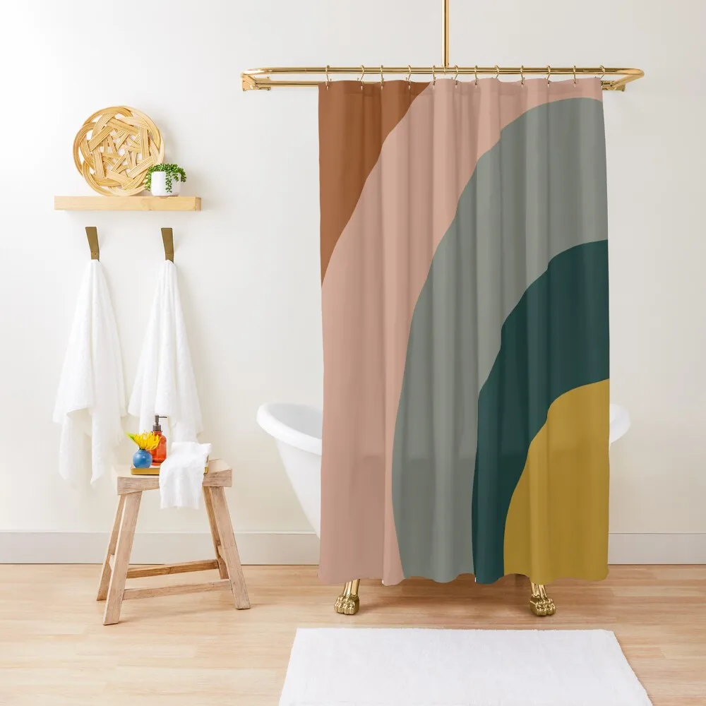 

Sound Waves Minimalist Pattern in Mustard Yellow, Teal, Grey, Blush Pink, and Rust Shower Curtain