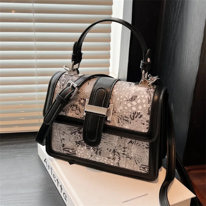 Vintage Satchel for Women Handbags Flower Printed Portable Small Square Bags Women Top-handle Bag Luxury Shoulder Messenger Bag