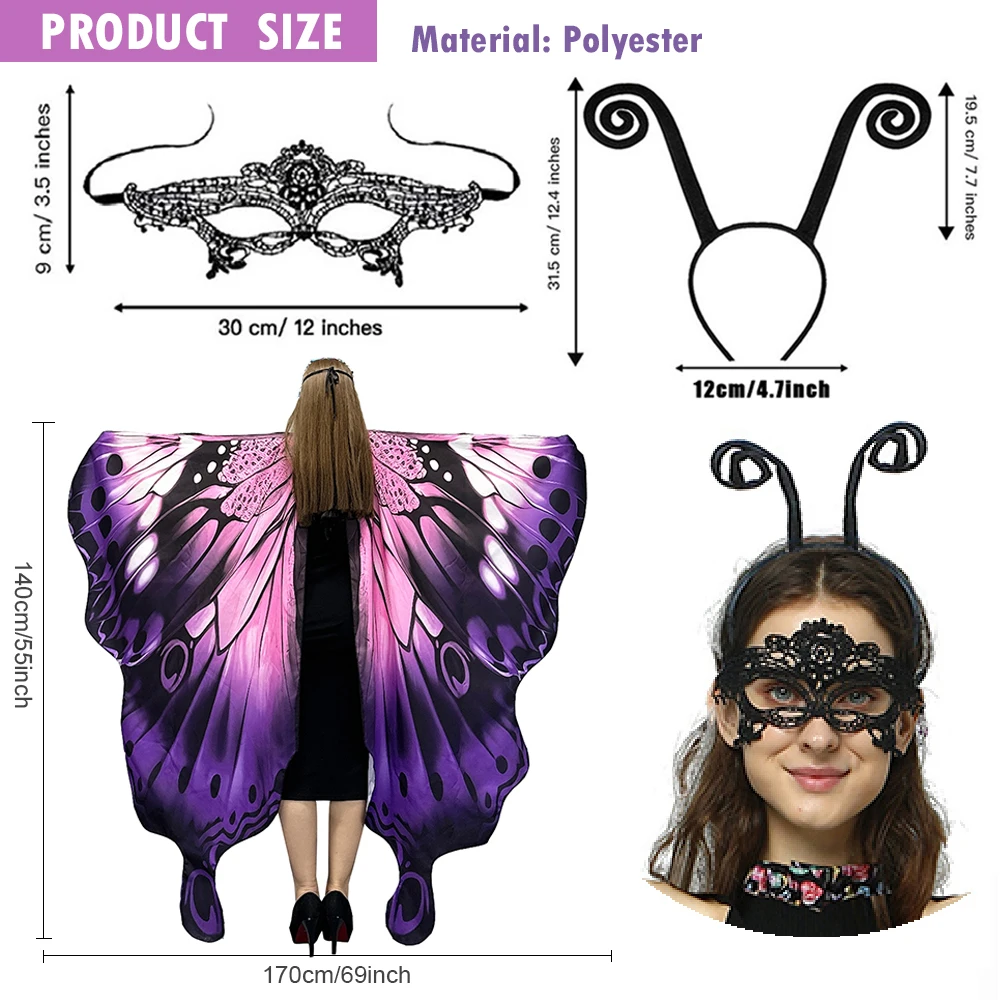 butterfly wings adult Women Butterfly Wings Shawl Halloween Costumes Adult Butterfly Wings with Headband and Mask for Women