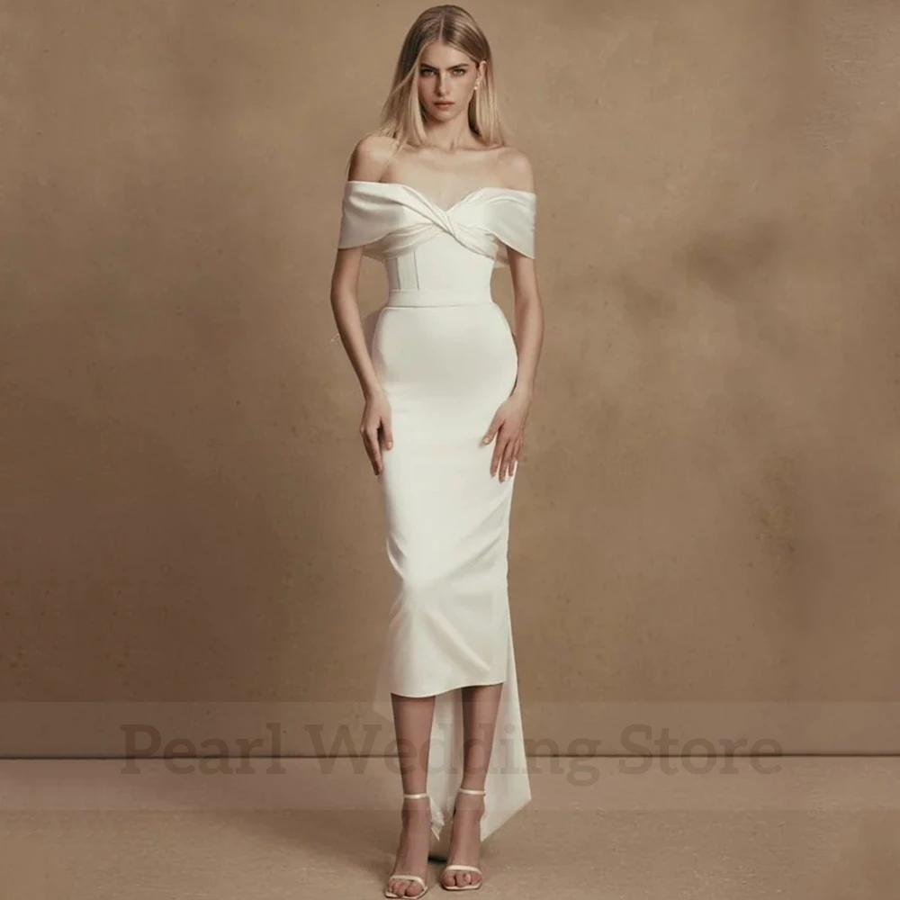 Vintage Sheath Mid Calf Wedding Dress Off the Shoulder Short Sleeve with Belt Pleat Bridal Civil Gowns Elegant Backless with Bow