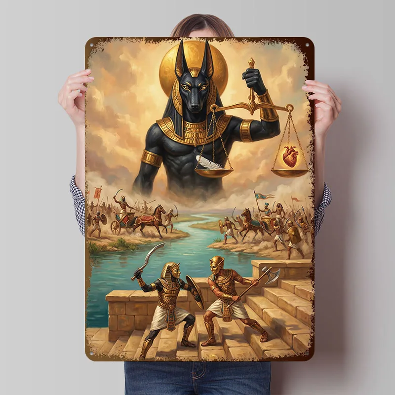 Anubis Weighs the Heart Against Tinplate Poster Customized Wall Art Vintage Metal Signs Retro Plates for Bedroom Decorations