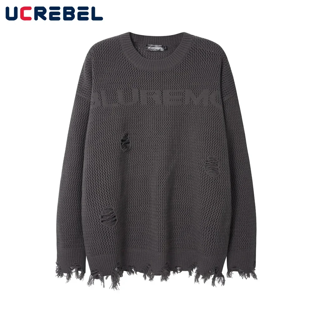 

Letter Jacquard Sweater Mens Ripped Raw edge Autumn Winter Crew Neck Loose Long Sleeve Knitted Pullover Men