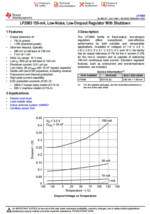 LP2985A-10DBVR LP2985 150-mA, Low-Noise, Low-Dropout Regulator With Shutdown Overcurrent and thermal protection