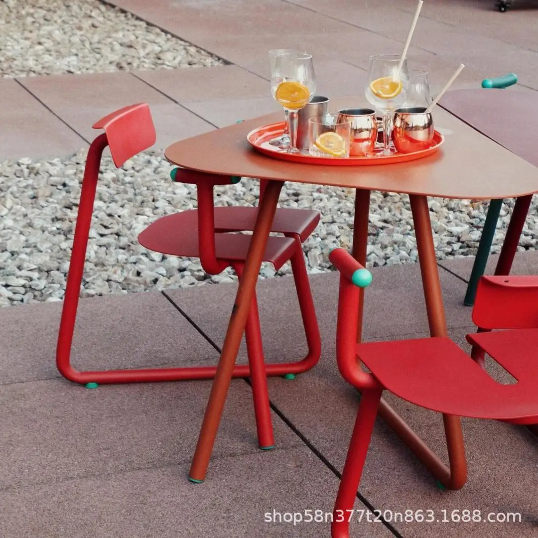 Outdoor full metal dopamine color outdoor table and chair combination courtyard terrace coffee milk tea hotel bed and breakfast