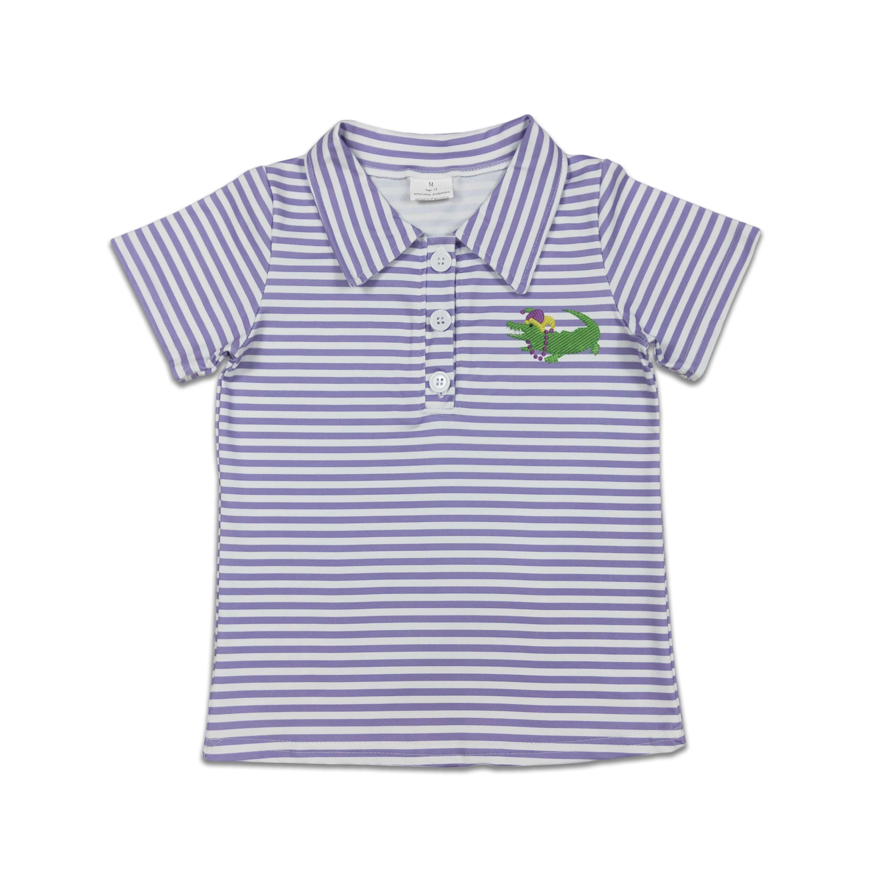 

Wholesale Infant Kids Button Purple Stripes Tee T-shirts Children Short Sleeves Mardi Gras Baby Boy Shirt Toddler Lapel Pullover