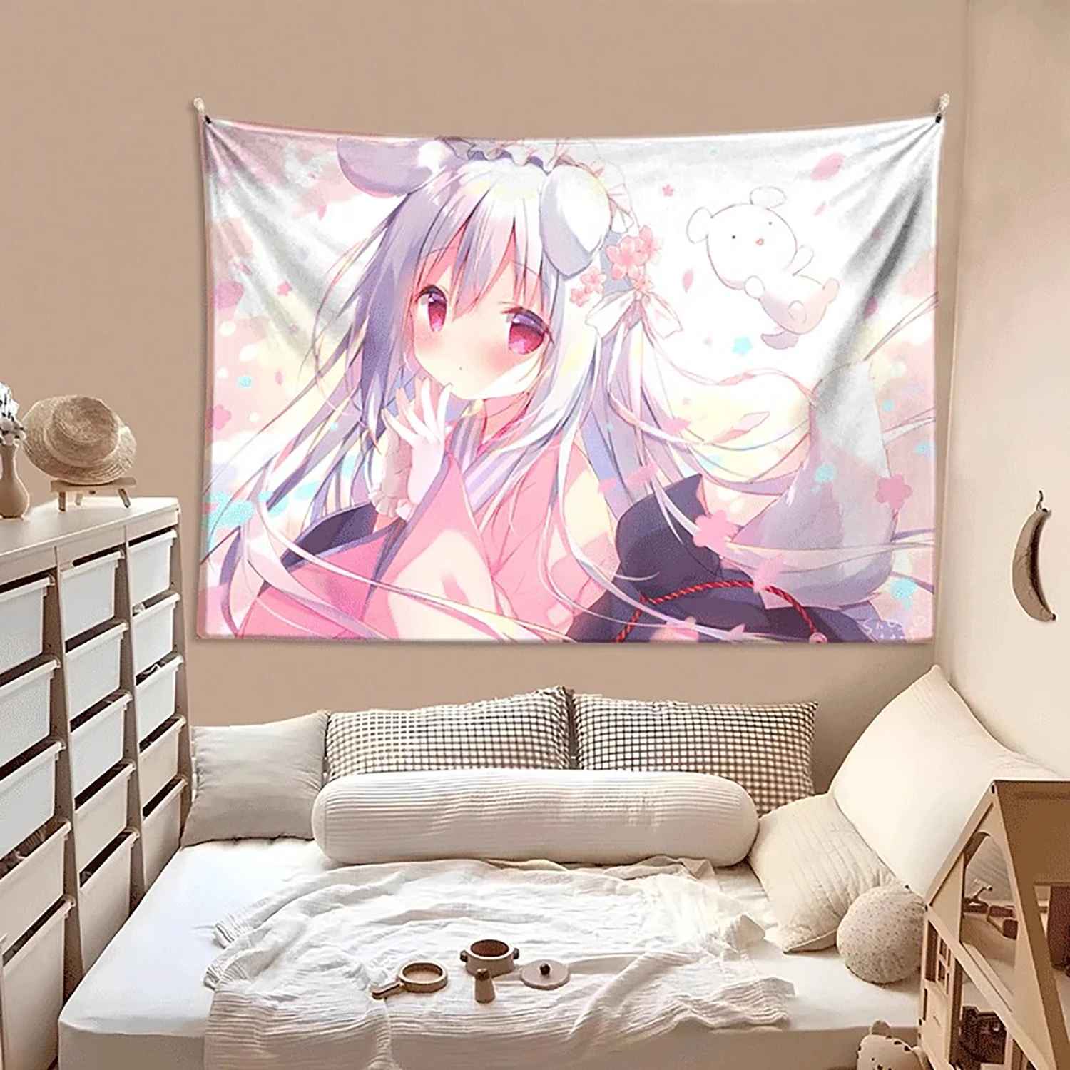Kawaii style girl hanging cloth cartoon dormitory bedroom bedside tapestry wall background cloth rental house decorative cloth