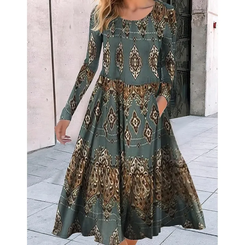 

Casual women's printed dress 2024 autumn round neck long sleeved loose geometric pattern printed large swing dress for women