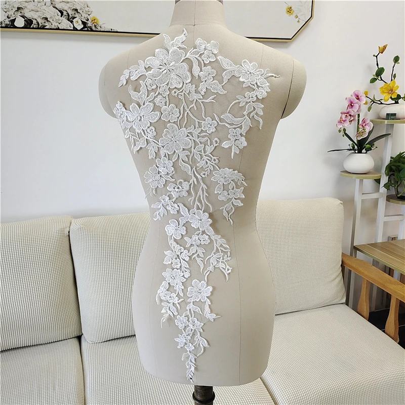 Off White Flower Branch Lace Fabric Embroidered Gown Appliques Trims Collar Mesh Sew On Patch For Wedding Decoration Dress DIY