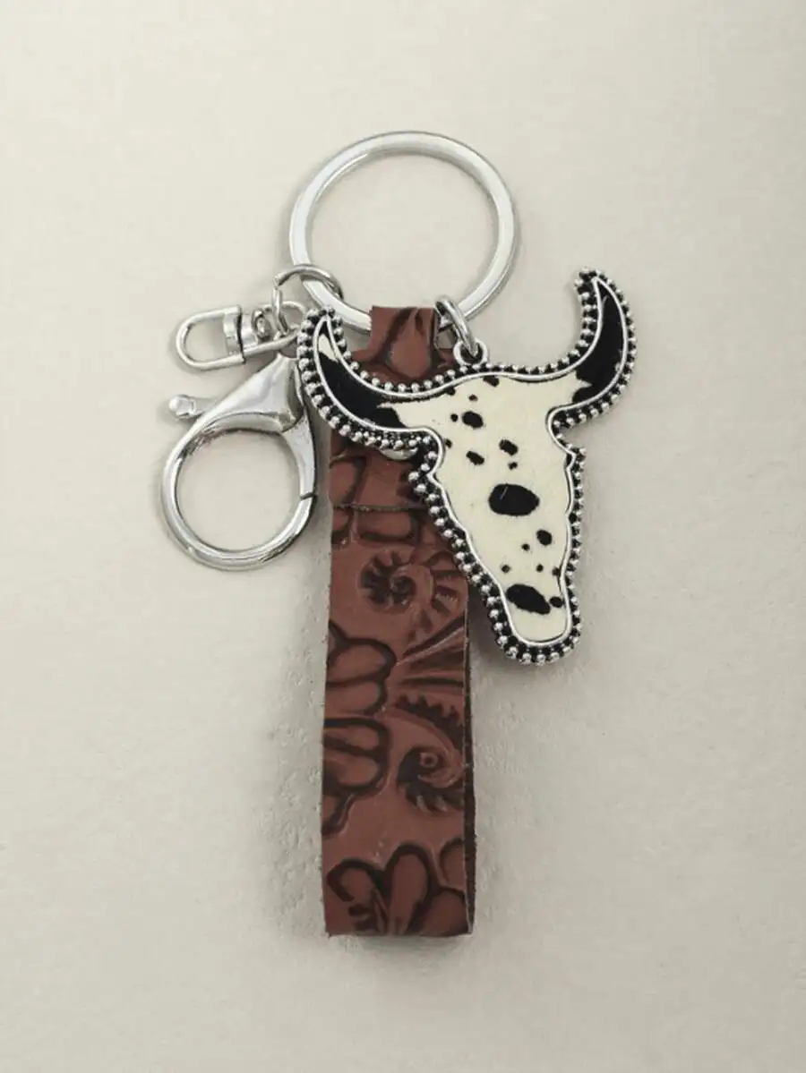 1pc Random Vintage Embossed Leather Cow Head Keychain Car Accessories Bag Charm School Cute Goth Y2k Gifts For Mother, Father, Graduation, And Teacher
