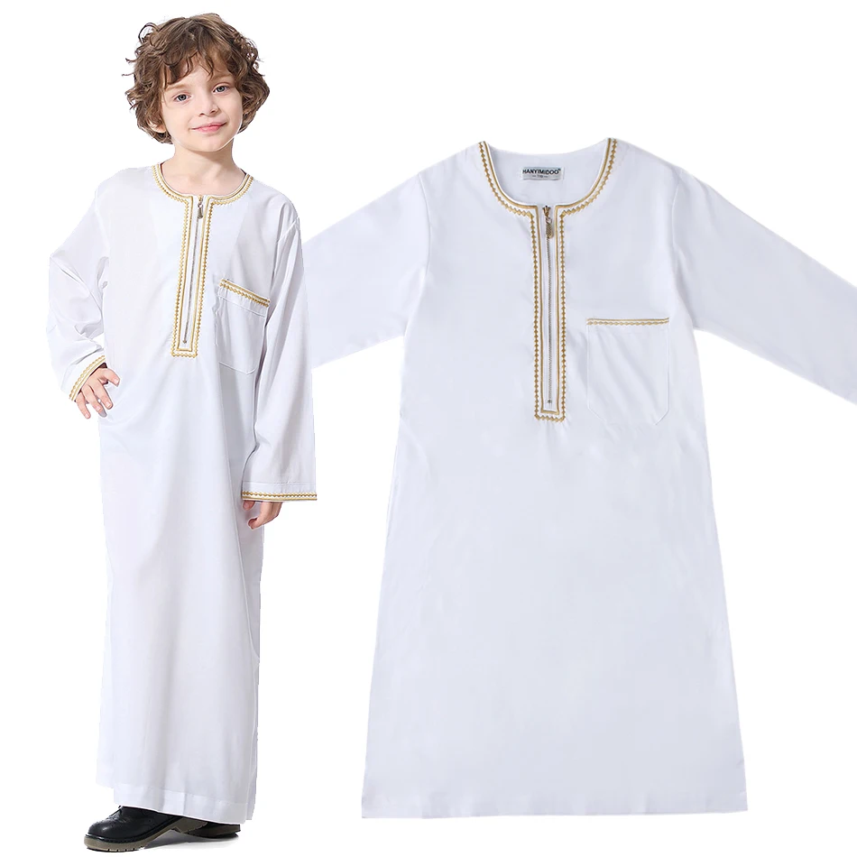 2024 New Children Thawb Teens Summer Muslim Robe Kids Arab Folk Clothes Boys Solid Color Thobe 4-12 Years National Outfit