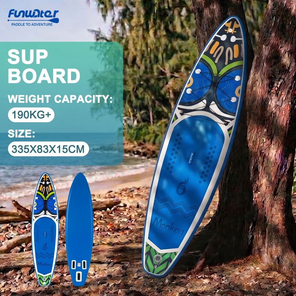 Tavola SUP gonfiabile Feath-R-Lite 335 cm, modello KOI&Monkey, con pagaia gonfiabile termosaldabile, accessori completi, pagaia a doppia estremità, disponibile in magazzino UE per sport acquatici.