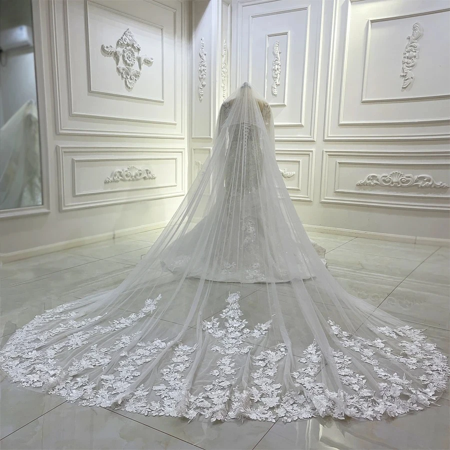 

Customized luxury Two Laywer Applique Lace Long Bridal Veil Wedding Veil Bride Veils Velos De Novia