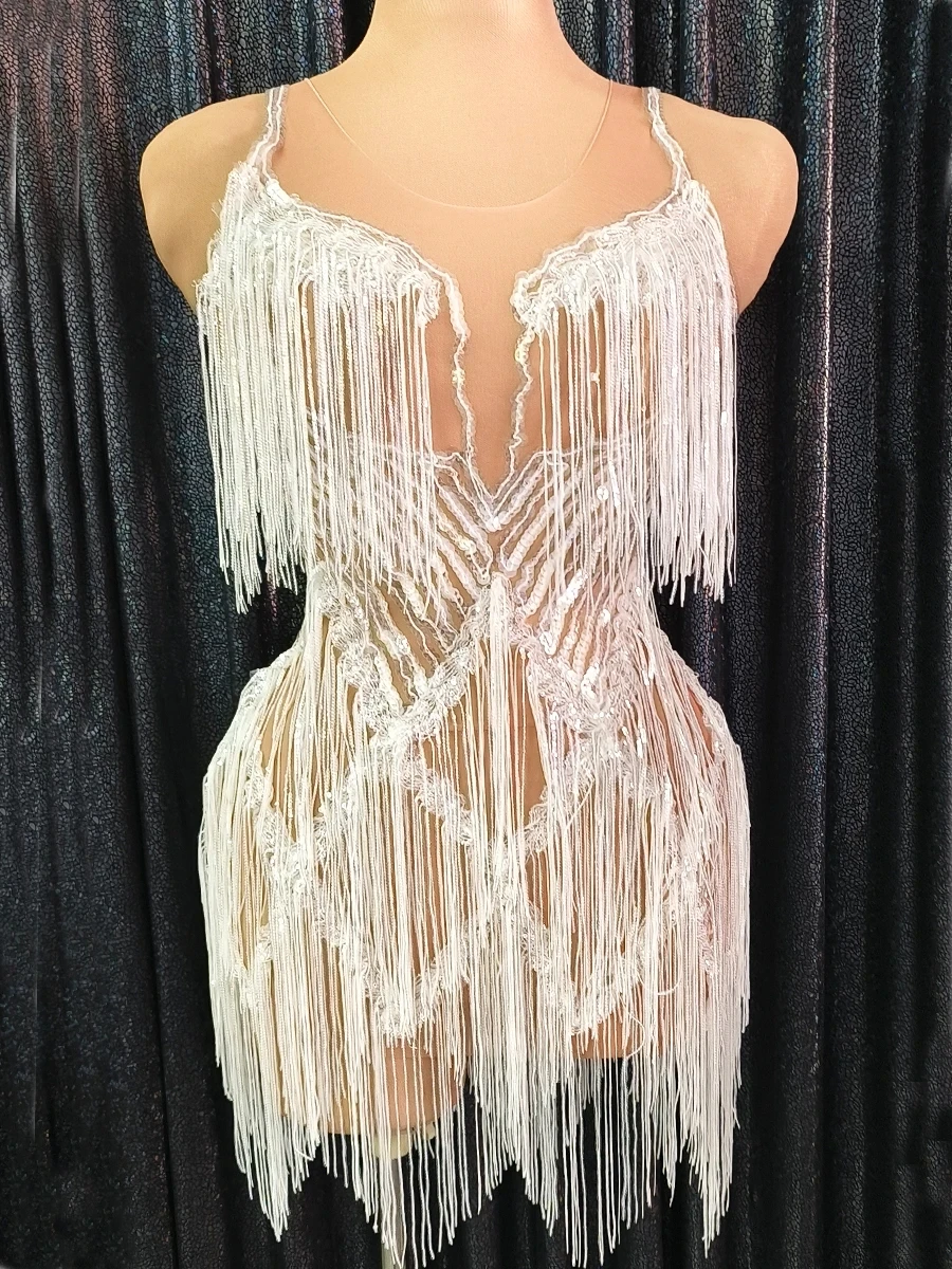 Sexy Sequins Dress Mesh See Through Tassel Stage Show Dance Costume Birthday Dress Performance  Wear