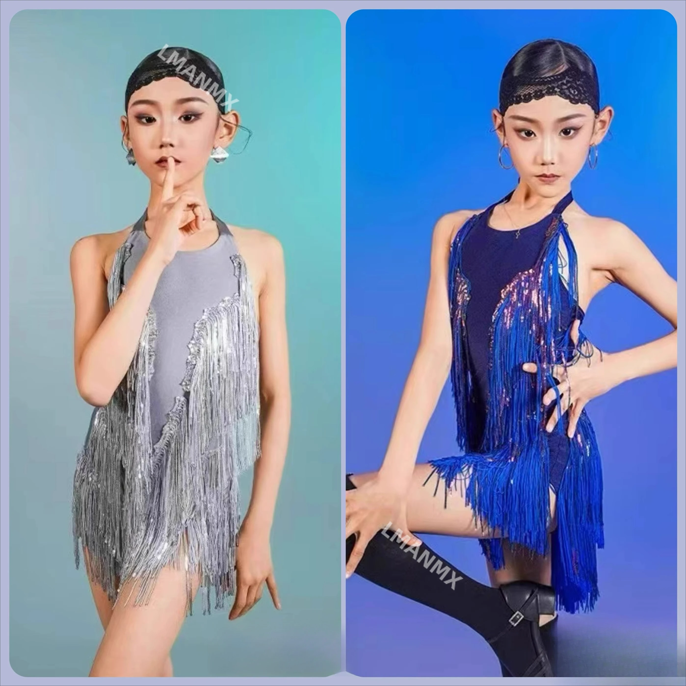 Abito da ballo latino Primavera/Estate Nuovo stile Abito da allenamento per ragazze con collo appeso e nappe con paillettes