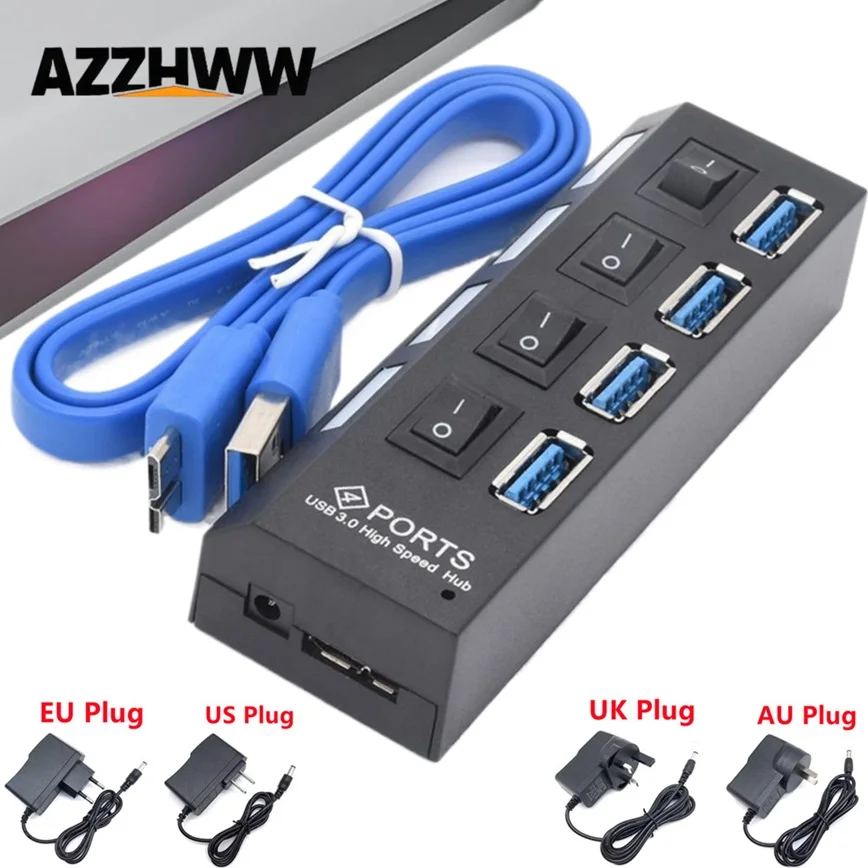 

4 Ports USB HUB 3.0 Adapter Expander Multi USB Splitter Multiple Extender with LED Lamp Switch and Power Adapter for PC Laptop