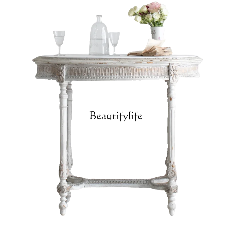 

3European retro old solid wood carving lace table temporary table coffee table marble desktop