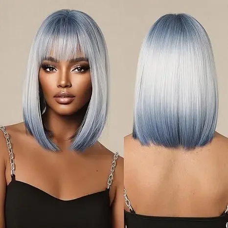 Ombre Blonde Blue Bob Wigs for Women Shoulder Long Straight Synthetic Hair Wig with Bangs Hair Replacement Female Daily Cosplay