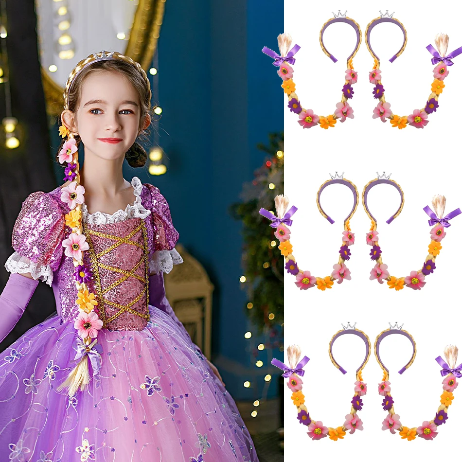 Wholesale 6pcs Girls Flower Weaving Braid Headband Princess Dress Up Wig Kids Birthday Halloween Rapunzel Cosplay Headwear