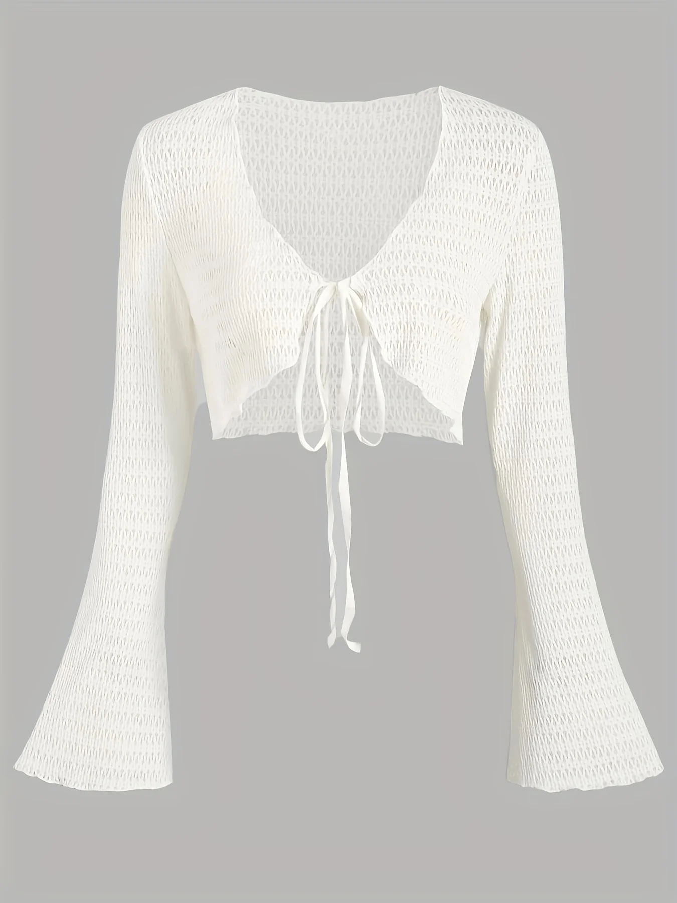 เสื้อสเวตเตอร์ถักแบบตาข่ายสำหรับผู้หญิงเสื้อครอปแขนยาวผูกด้านหน้าแบบเซ็กซี่