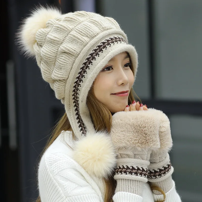 

Korean Woolen Hat Women's Winter Caps Thickening Warm and Cute Ear Protection Cold-Proof Knitted Pullover Earmuffs Fur Hat