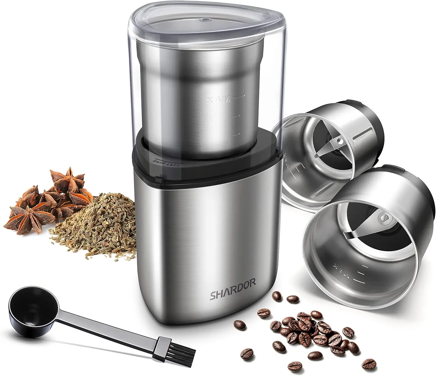 

Electric Coffee Grinder with 2 Stainless Steel Bowls for Dry and Wet Ingredients, Silver