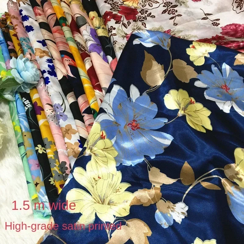 Printed Satin Fabric Per Meter for Dresses Pajamas Scarf Cheongsams Diy Sewing Needlework Cloth Smooth Soft Opaque Flower White