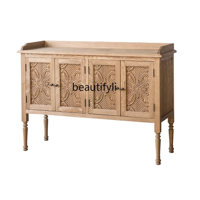 

American Country Carved Sideboard Retro Simple Solid Wood Oak Storage Entrance Cabinet