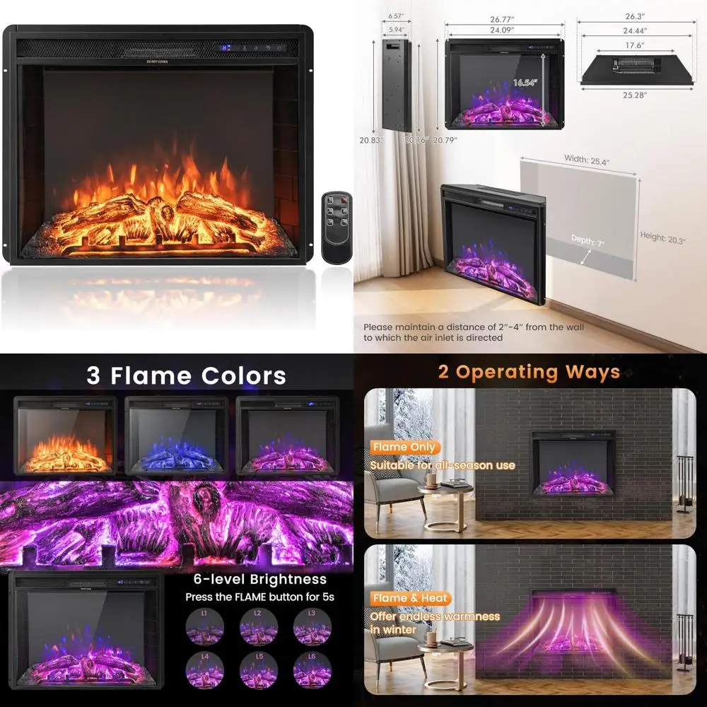 

26 Electric Fireplace Insert, 750W/1500W, Wall & Freestanding, Remote Control, Dual Flame Colors