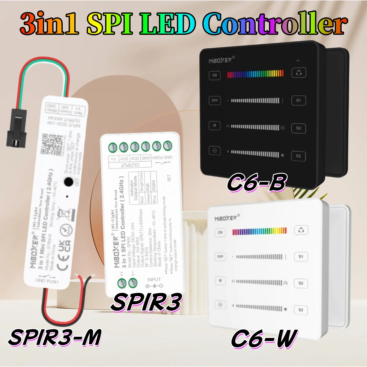 

Светодиодный контроллер MiBoxer 3in1 SPI SPIR3/SPIR3-M/C6/B6 DC5/12/24 В для пикселей WS2812 с RF SPI-пультом, одноцветный + RGB + RGBW
