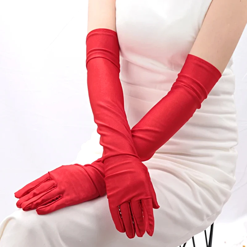 Classic Opera/elbow Stretch Satin Finger Long Gloves For Women Adult Black White Red Skin Flapper Gloves Matching Costume