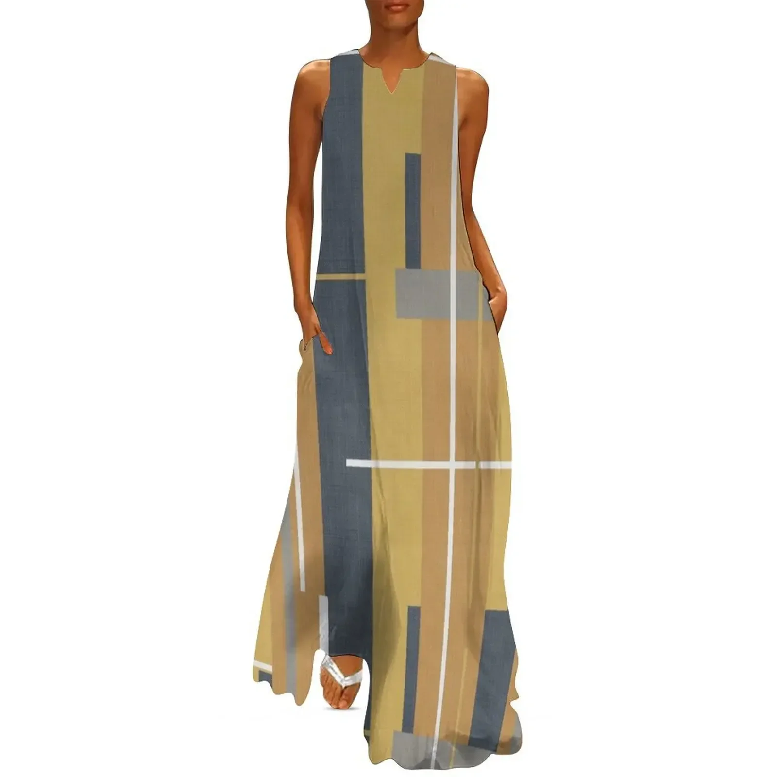 

Midcentury Modern Modular Abstract Pattern on Faded Cloth in Light and Dark Mustard, Navy Blue, Grey, and White Long Dress