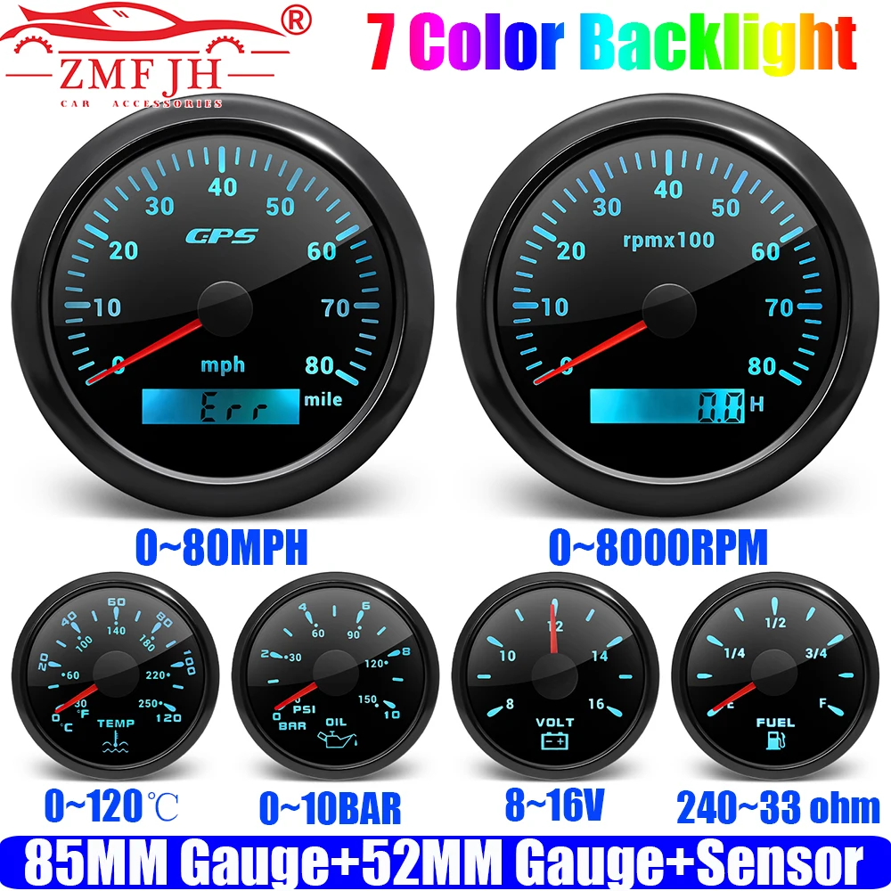 Boat Yacht 6 Gauge Set+Sensor 85MM GPS Speedometer Tachometer 52MM Fuel Level Meter Water Temp Oil Pressure Voltage 7 Color LED