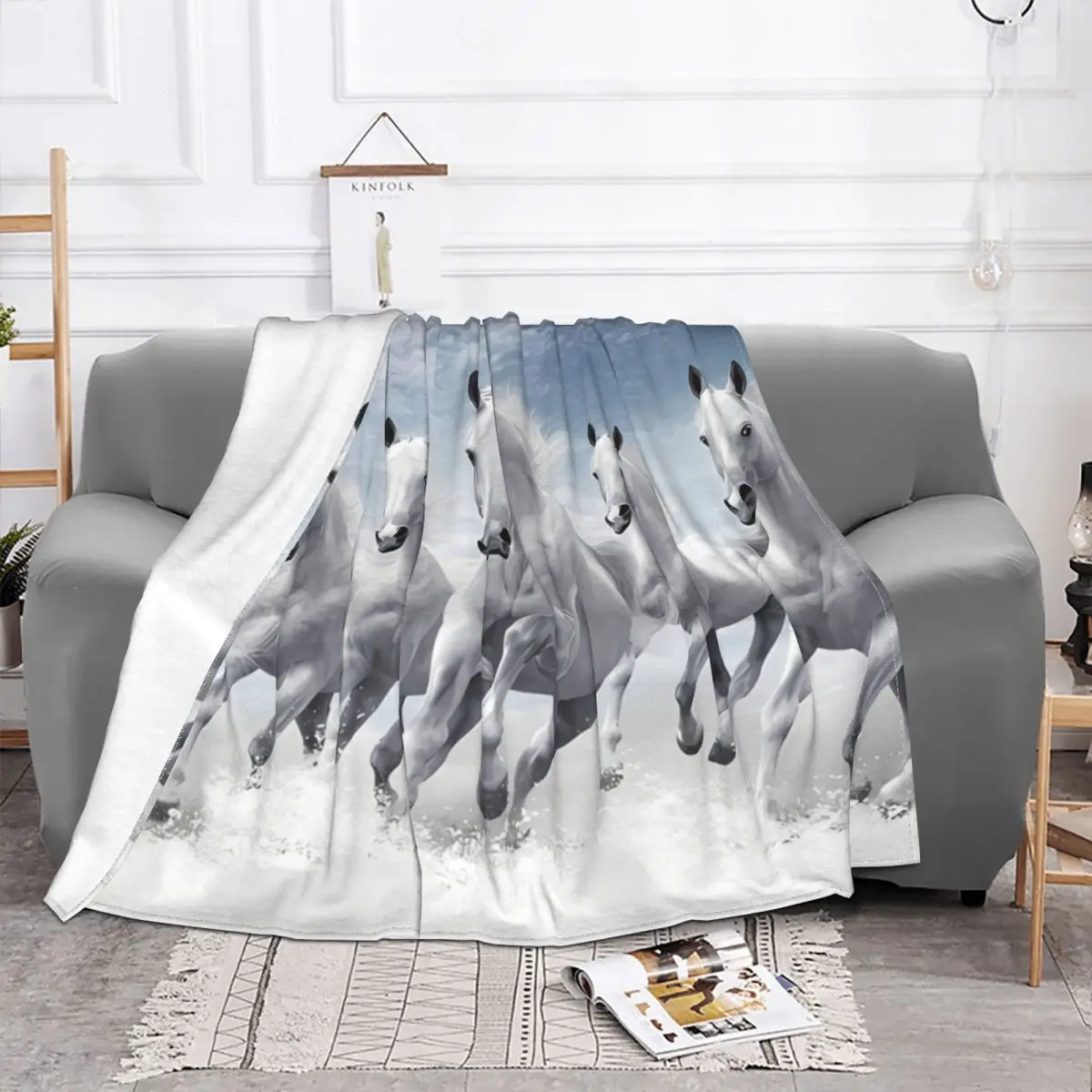 Blue Sky Canvas Blanket Galloping Horses Velvet Spring Autumn Breathable Thin Throw Blankets For home Bedspread