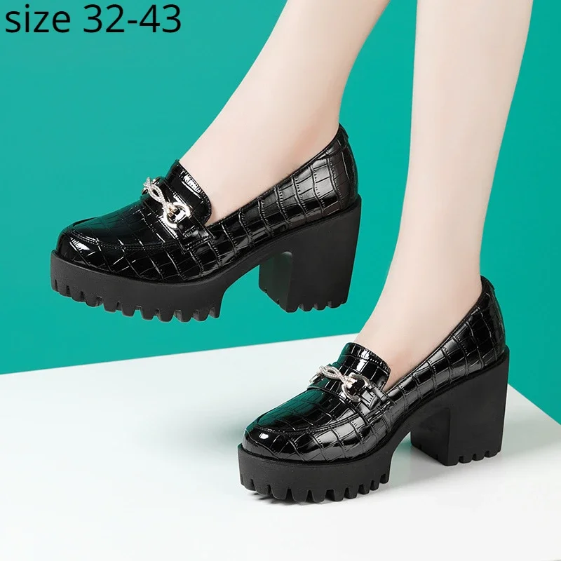 Black patent leather rhinestone 8cm high heels Women autumn Waterproof Platform Thick Sole Model Cheongsam Show Leather Shoes