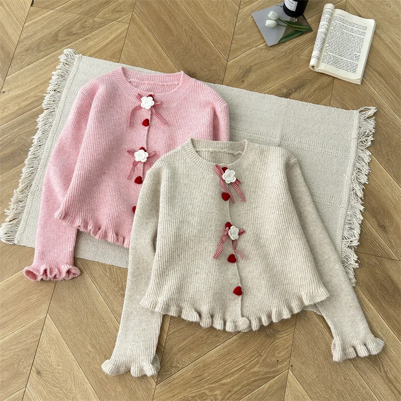 Chandails roses beiges pour femmes, cardigan décontracté, nœud de fleurs 3D, style de Noël, tenue douce pour filles, nouvel an, automne