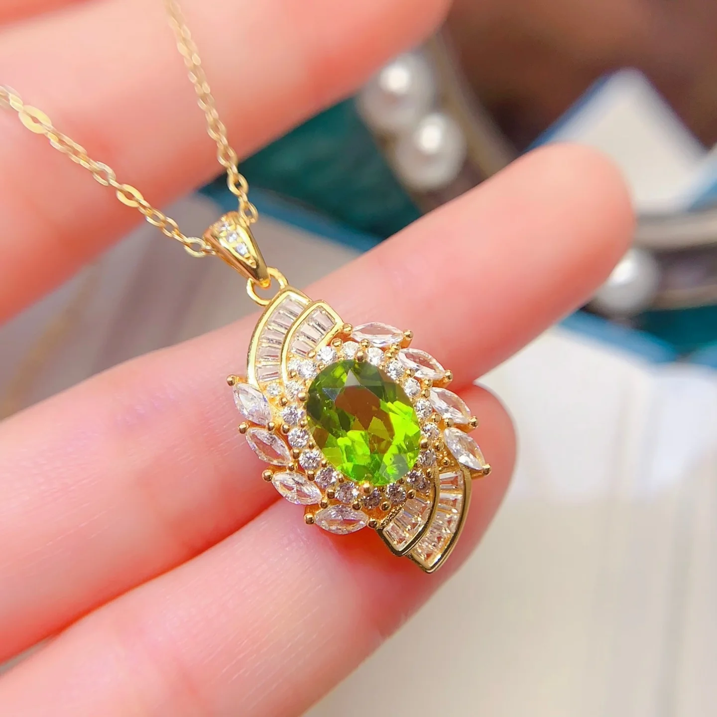 جديد 925 الفضة 7x9 مللي متر peridots قلادة طوق سلسلة عالية المستوى سهلة مطابقة ضوء الموضة الفاخرة النساء