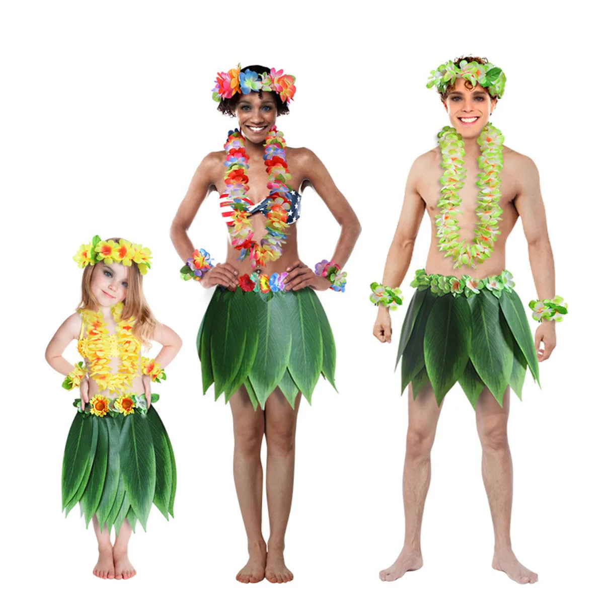 

5pcs Hawaii Performance Costume Tropical Hula Grass Dance Skirt Dressup Flower Bracelets Loop Neck Wreath Set (Thicken Fabric Co