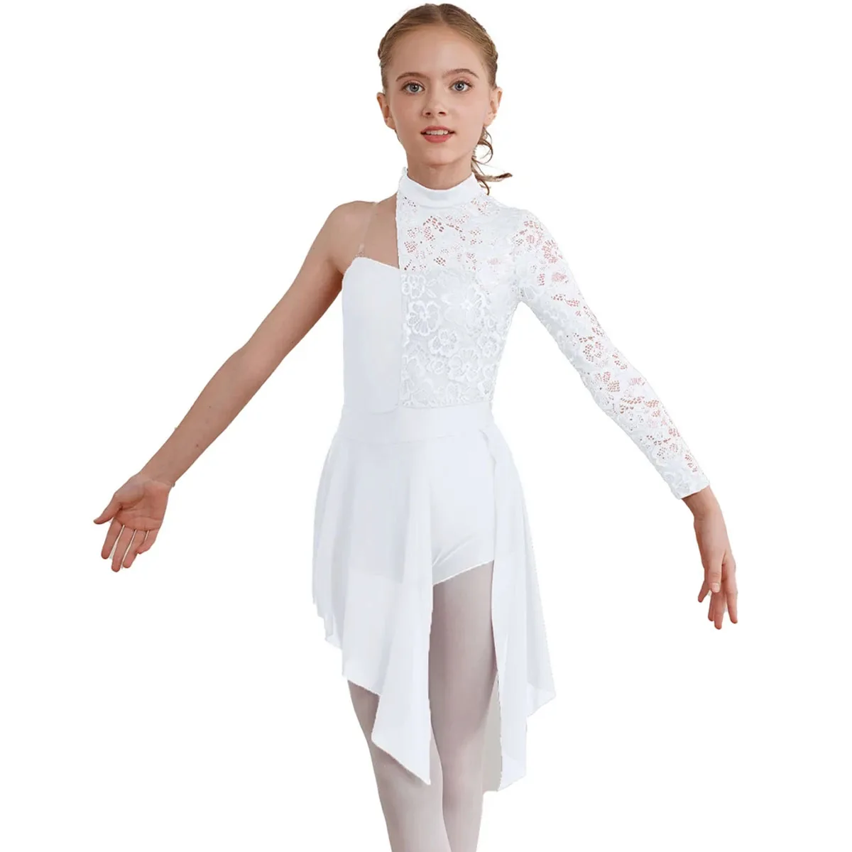 Vestido de baile moderno lírico de un hombro para niña, vestido de encaje asimétrico dividido para Ballet, gimnasia, patinaje artístico, leotardo, Ropa de baile