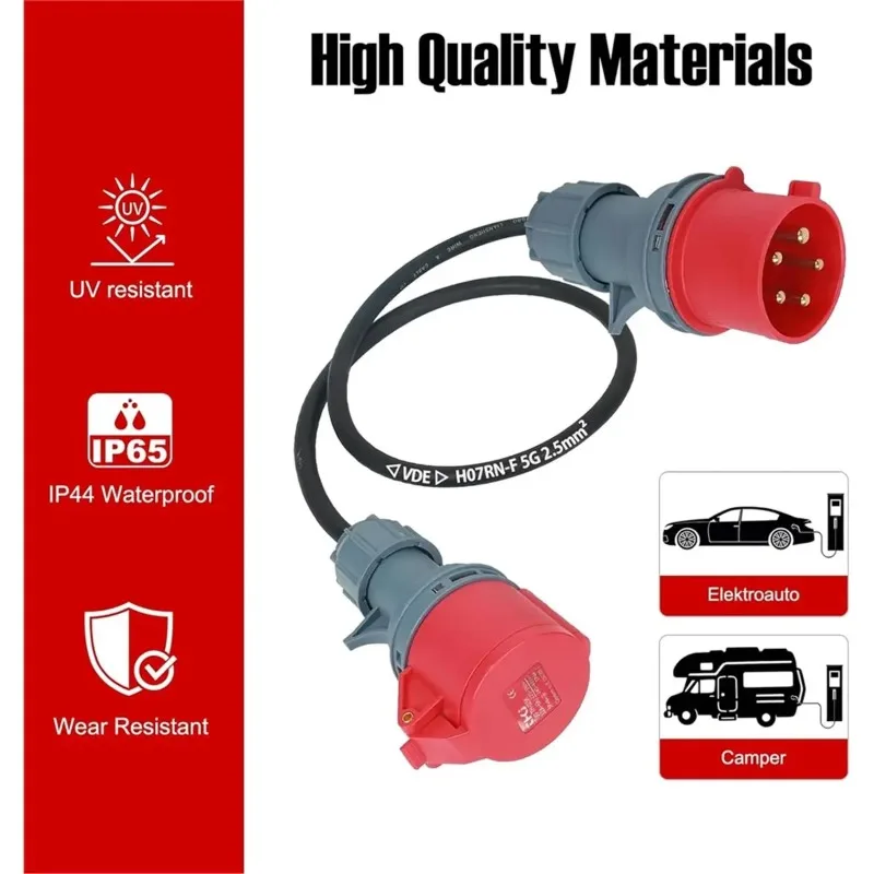 5Pin 16A Male to 32A Female CEE Adaptor, 400V Heavy-Duty EV/Workshop Power Converter