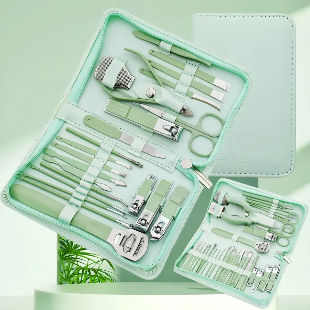 طقم ماكينة قص الأظافر من الفولاذ المقاوم للصدأ مع حقيبة تخزين، مجموعة أدوات العناية بالأظافر الخضراء المتينة، أداة احترافية للعناية بالأظافر لصالونات الأظافر