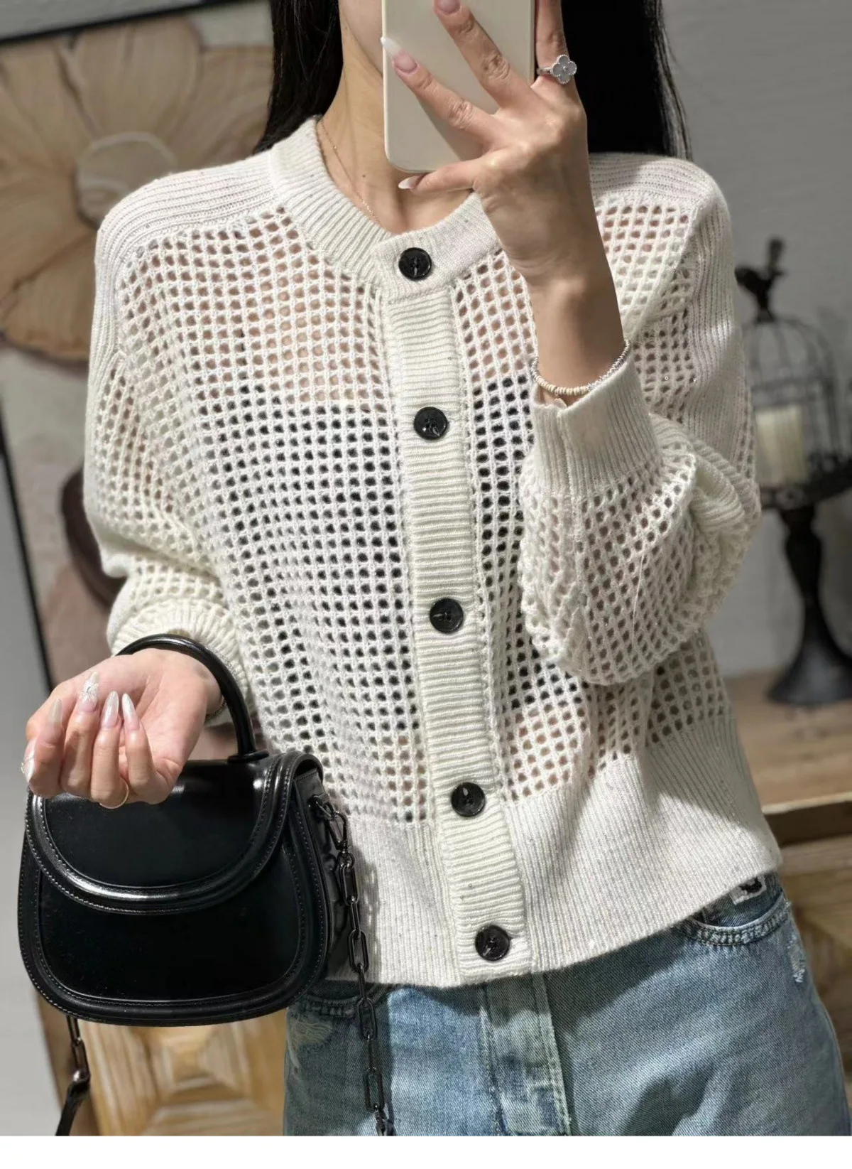 Vintage Fashion B Women Wool Cashmere Knit Cardigan Sequin Hollow Out Casual Classic Long Sleeve Female Single Breasted Sweater