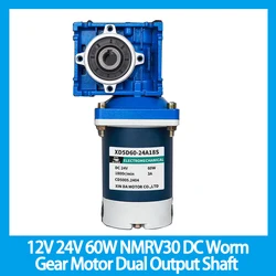 12V 24V 60W NMRV30 DC Worm Gear Motor with Dual Output Shaft RV30  Adjustable-speed CW CCW High Torque