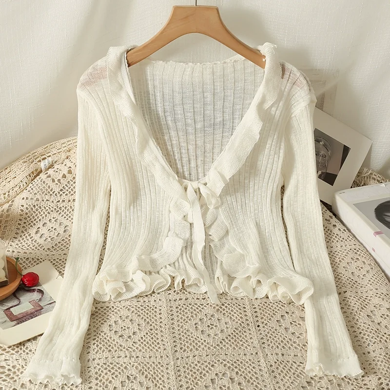 Summer Ruffles Cardigan Slim Women Casual Transparent Sweater Shirts Lady Thin Solid Coats Female Crop Top