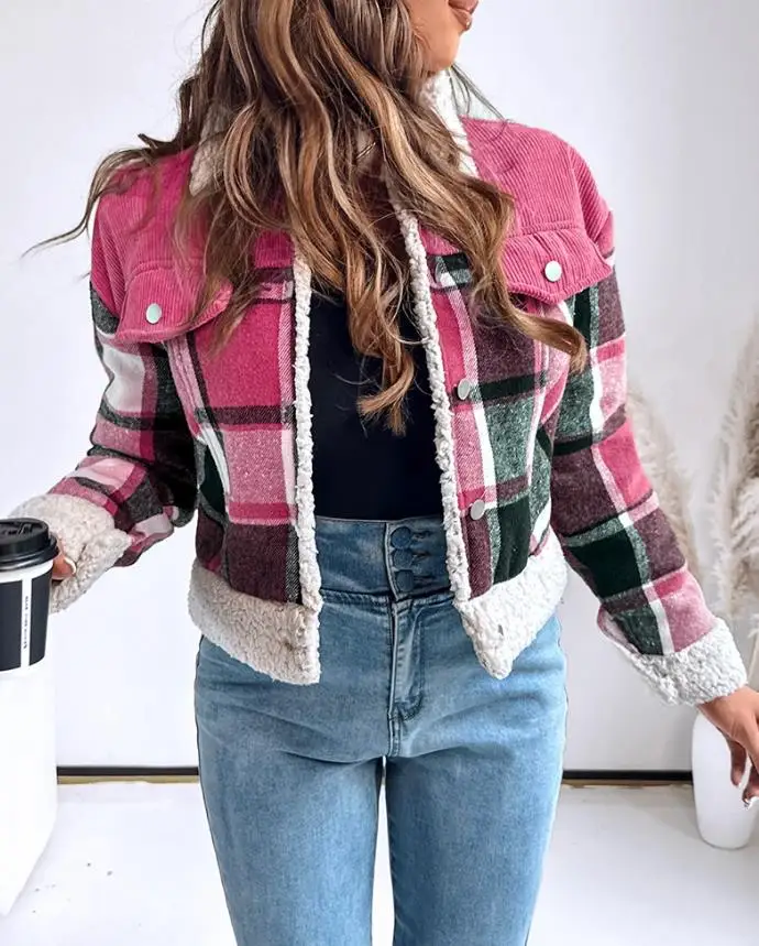 

Винтажная вельветовая куртка в клетку с отложным воротником спереди и термоподкладкой с клапаном, укороченное теплое пальто с отделкой из искусственной овчины