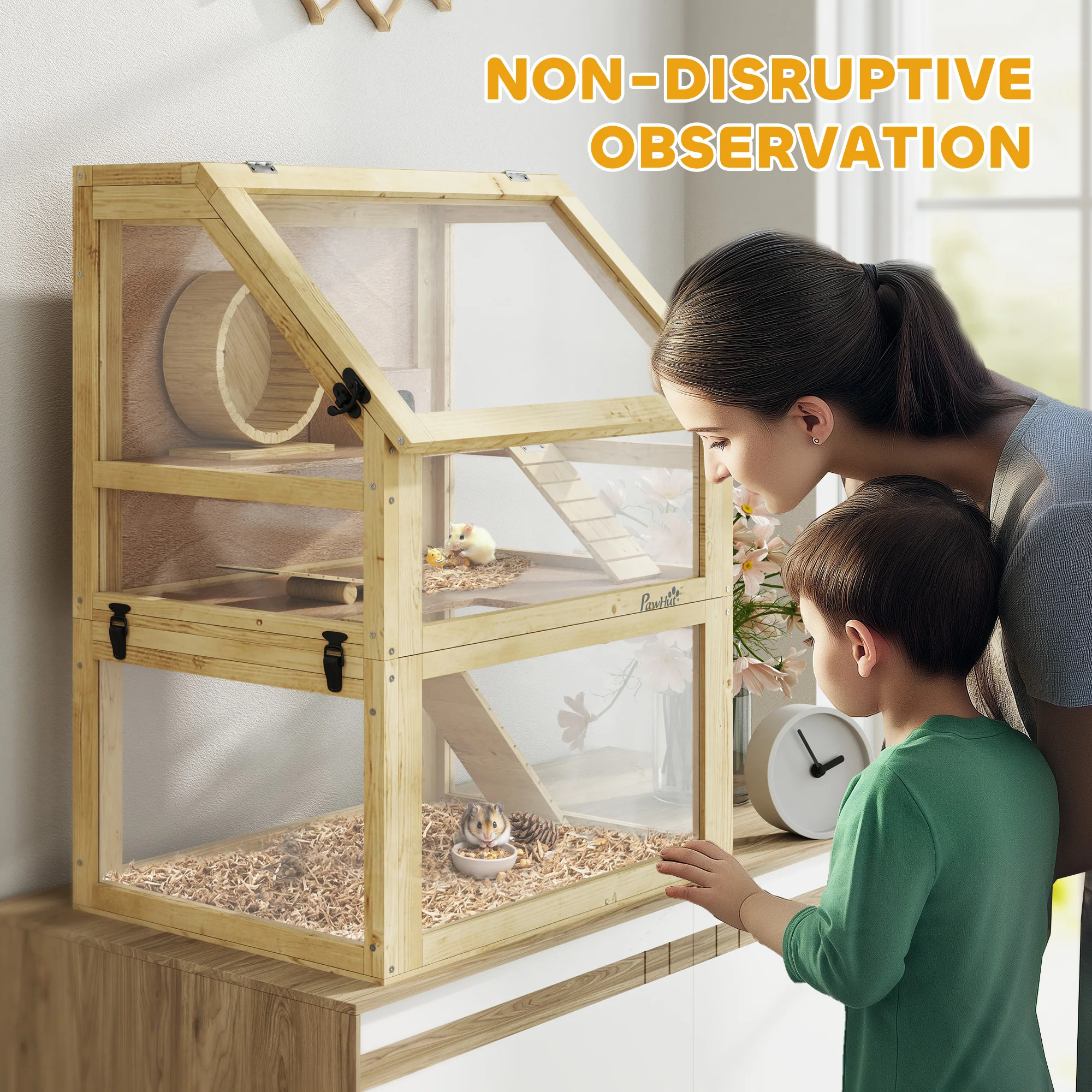 PawHut Wooden Hamster Cage, 3 Tier Gerbil Cage with Detachable 32cm Deep Bottom, Hut, Seesaw,Ramps Natural Wood Finish