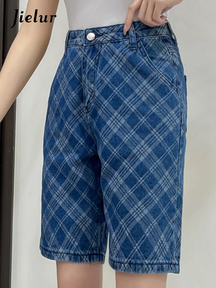 Jielur blu Plaid lunghezza al ginocchio pantaloni da donna Slim estate vita alta dritto sciolto Denim pantaloni gamba larga moda Casual Streetwear