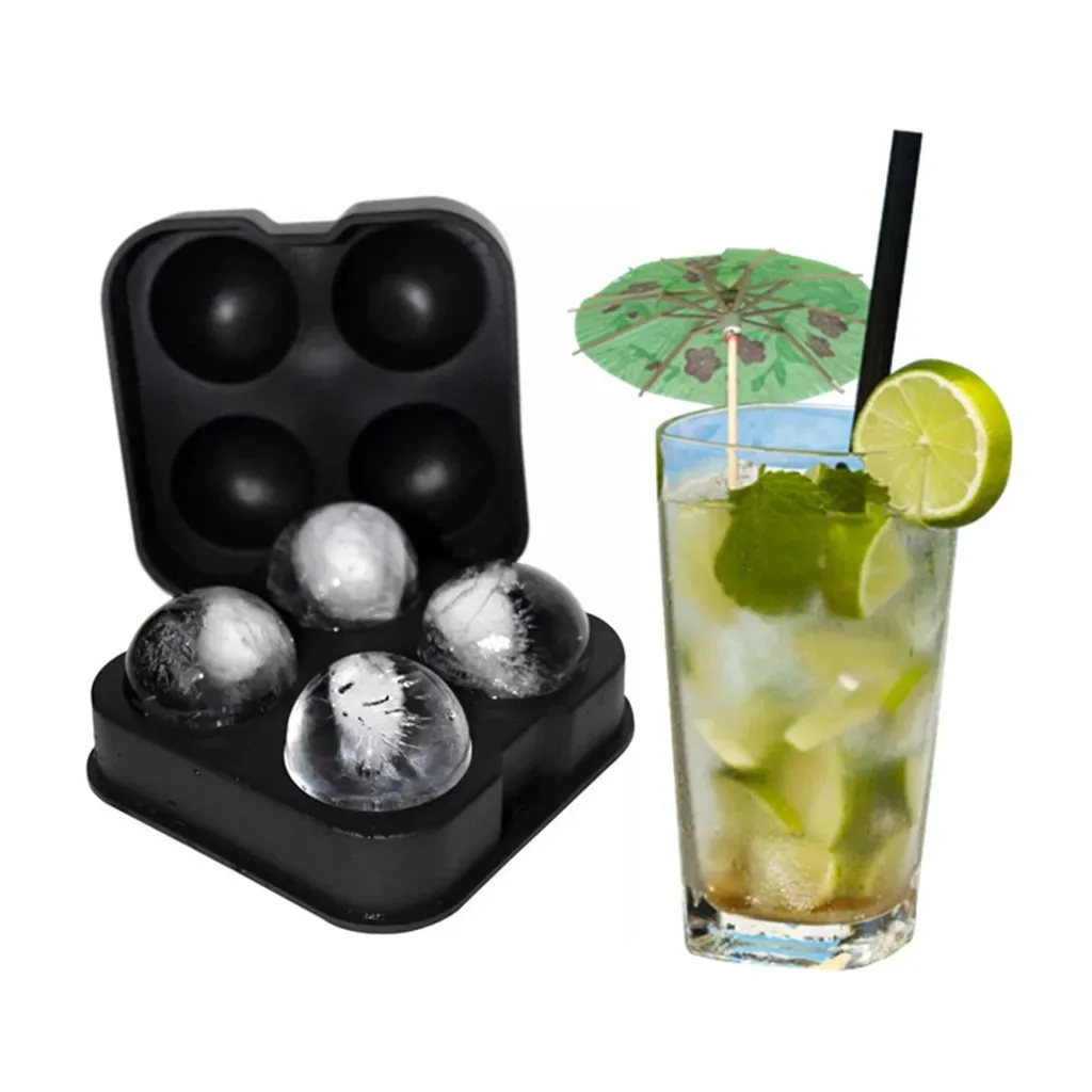 4 cavity Silicone Sphere Ice Mold Black Silicone Ice Ball Maker Ice Ball Maker Mold, Silicone Ice Cube Tray for Whiskey Cocktail